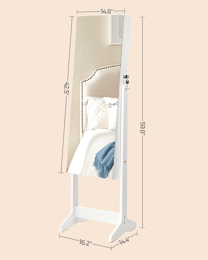 Jewelry Cabinet Armoire, Freestanding Lockable Storage Organizer Unit with 2 Plastic Cosmetic Storage, Full-Length Frameless Mirror, for Necklace Earring, White UJJC002W01