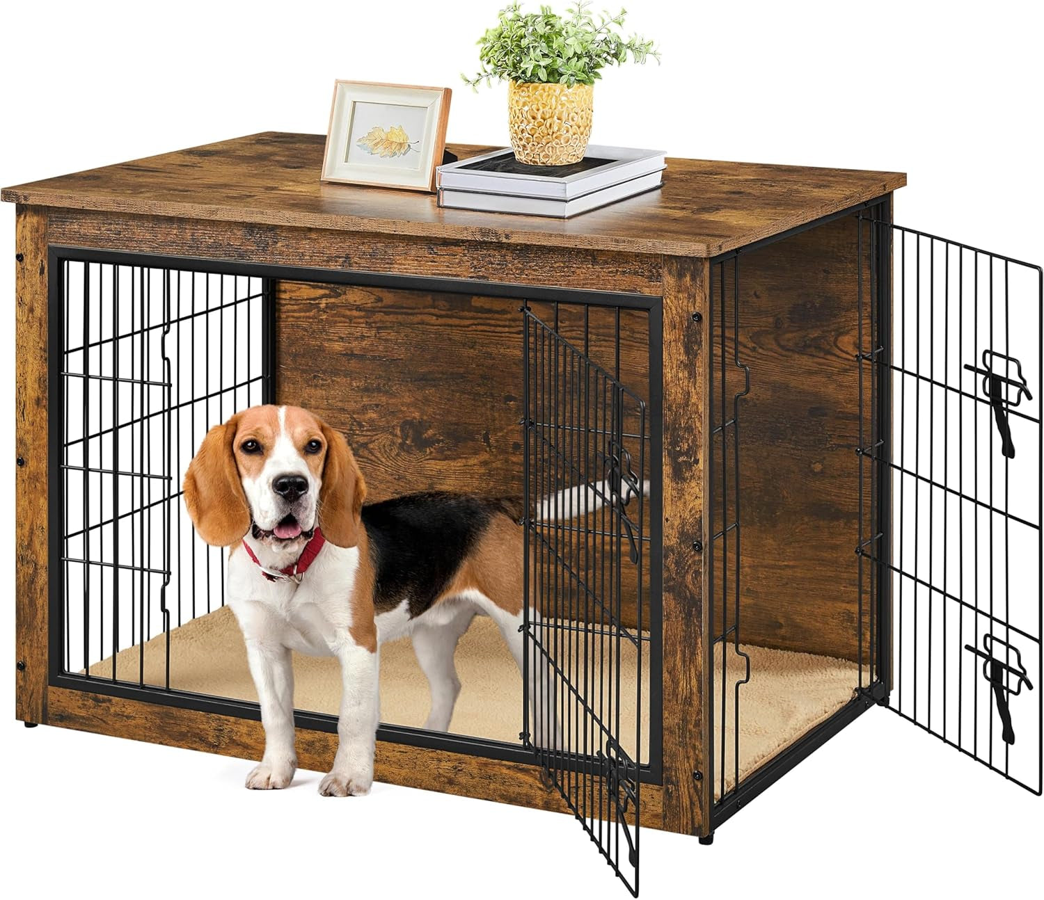38'' Dog Crate Furniture with Cushion Wooden Dog Crate with Double Doors/Adjustable Feet Side End Table for Medium/Large Dogs, 37.80" L X 25.59" W X 26.57" H