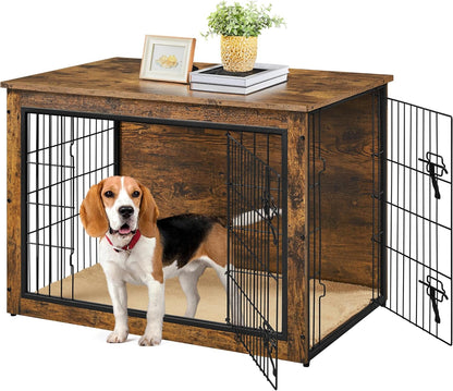 38'' Dog Crate Furniture with Cushion Wooden Dog Crate with Double Doors/Adjustable Feet Side End Table for Medium/Large Dogs, 37.80" L X 25.59" W X 26.57" H