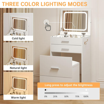 3 in 1 Vanity Desk, Compact Vanity with 3 Drawers, Makeup Desk with Flip-Up 3 Colors Lighting Mirror and Cushioned Stool, Small Vanities Nightstand Perfect for Bedroom, White