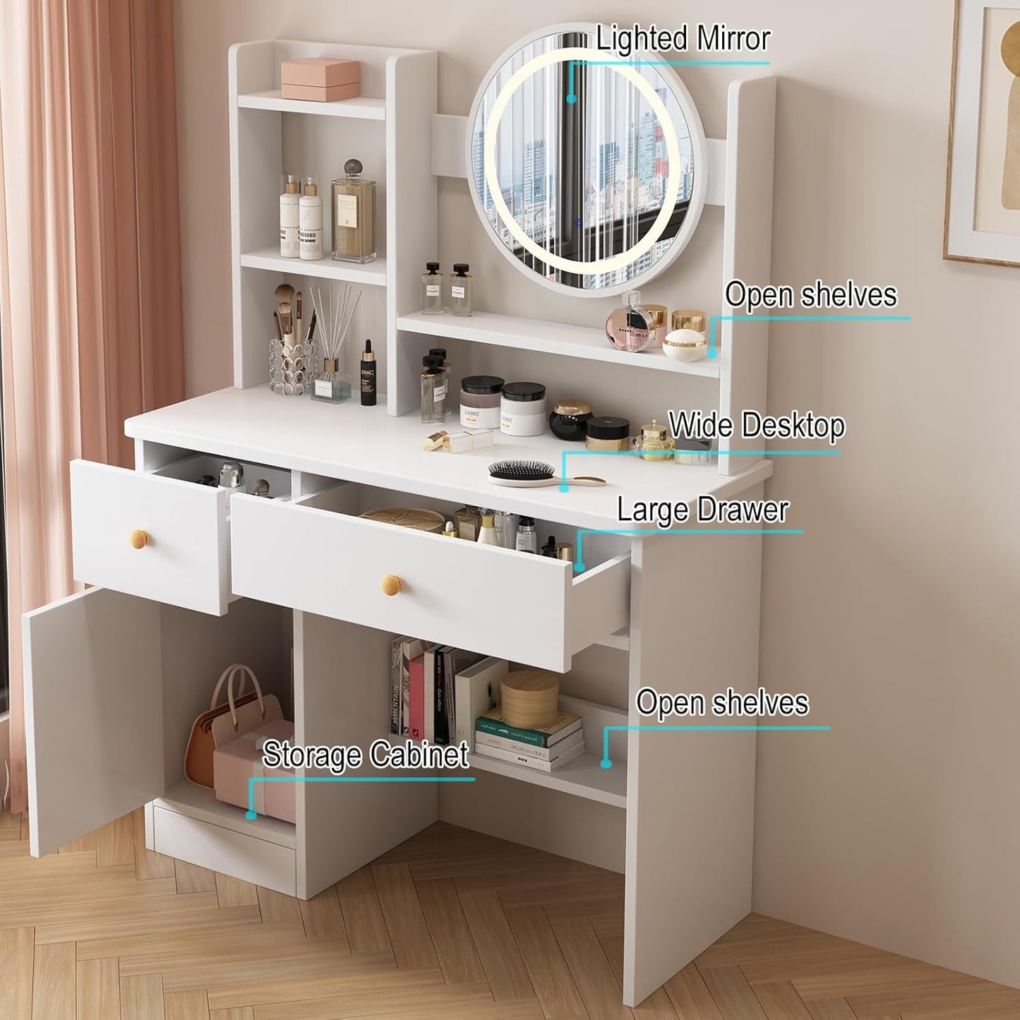 Dressing Table,Makeup Table with Drawers, Vanity Desk with Mirror and Led Lights,3 Lighting Mode,Makeup Vanity Desk,Multifunctional Makeup Writing Desk for Bedroom (80CM)