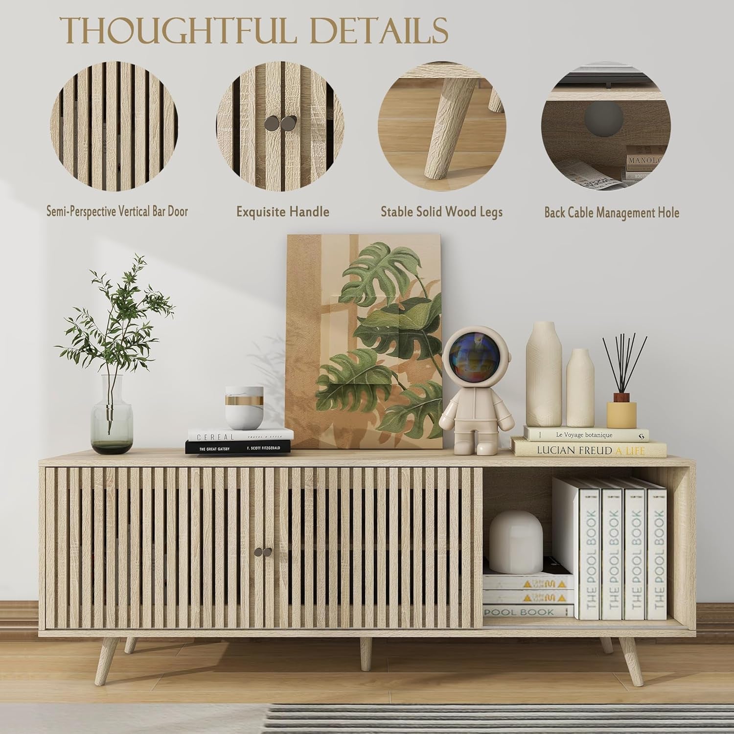 Mid Century Modern TV Stand for Tvs up to 70 In, with Sliding Doors and Open Shelf, Entertainment Center with Storage, Media Console for Living Room, Natural