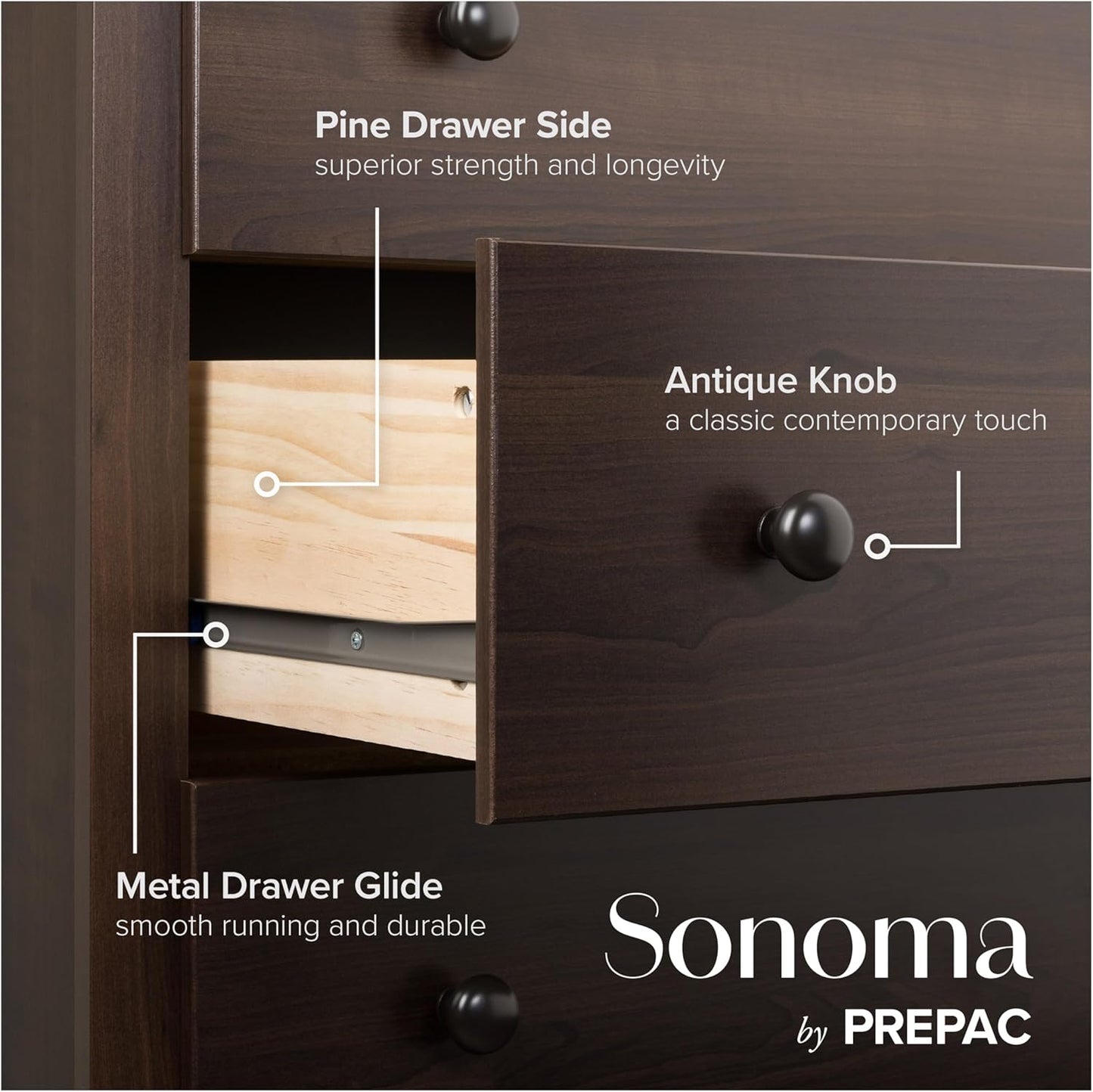 Sonoma Superior 5-Drawer Dresser for Bedroom - Spacious and Stylish Chest of Drawers, Measuring 17.75"D X 31.5"W X 44.75"H, in Espresso Finish