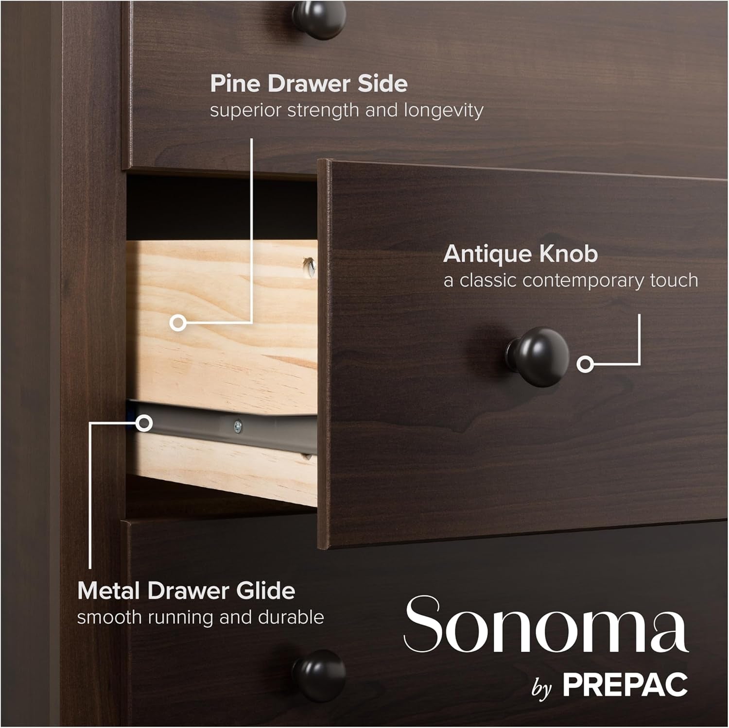 Sonoma Superior 5-Drawer Dresser for Bedroom - Spacious and Stylish Chest of Drawers, Measuring 17.75"D X 31.5"W X 44.75"H, in Espresso Finish