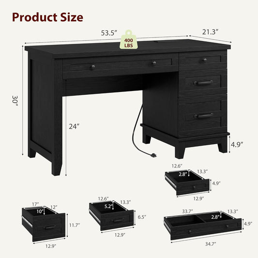Farmhouse Executive Desk with Drawers, 53.54 in Home Office Desk with Charging Station, Wooden Computer Desk with File Cabinet Storage for Work Study Writing, Rustic Black