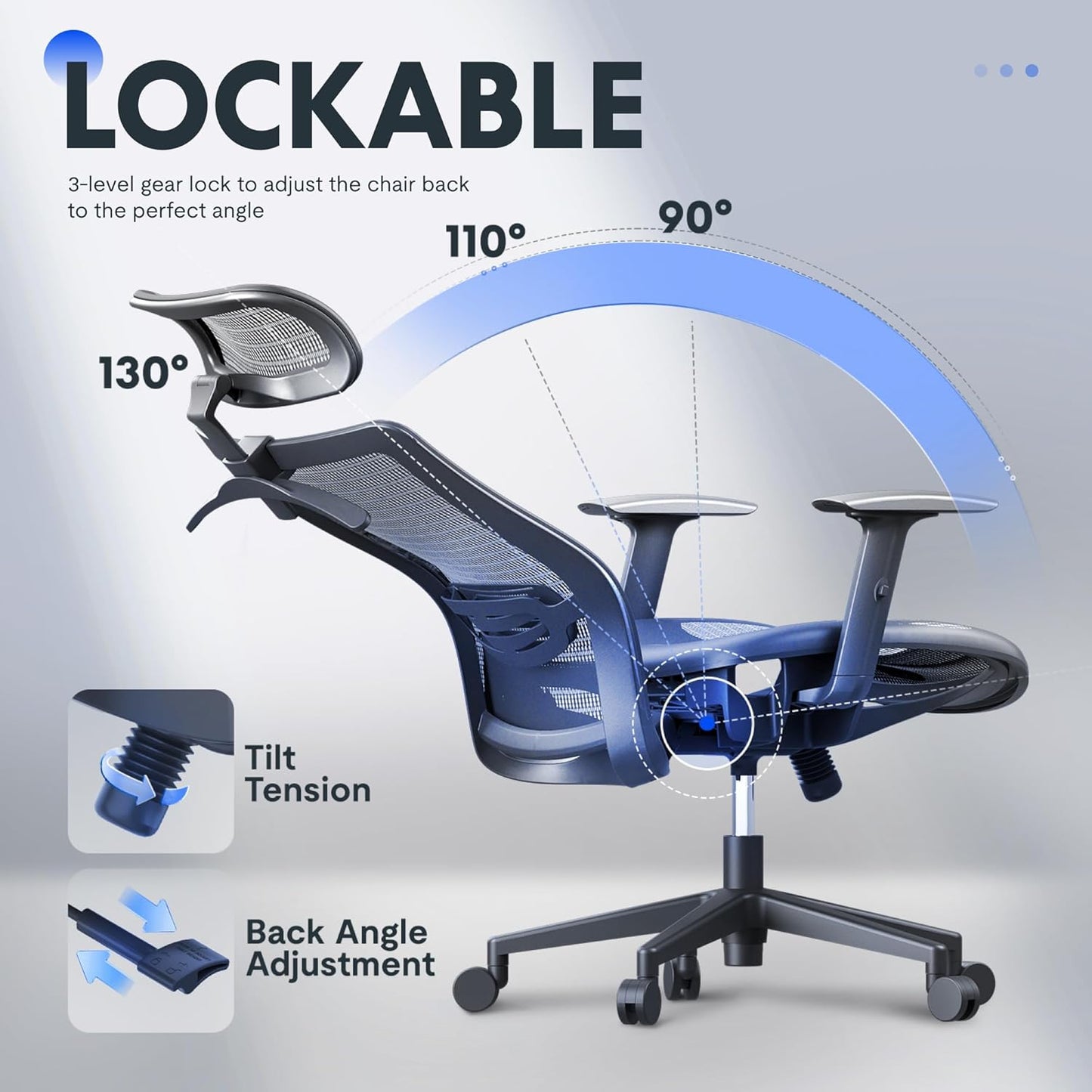 Ergonomic Office Chair, High Back Mesh Swivel Computer Chair, Executive Office Desk Chairs, with Adjustable Lumbar Support/2D Headrest/Lockable Backrest, OC3 Mesh Seat, Gray