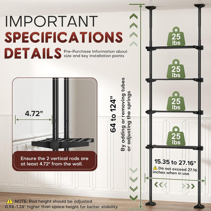 over the Toilet Storage Shelf, 4 Tier Bathroom Organizer Shelves with 64-124Inch(H) 15-27Inch(W) Adjustable No Drilling Tension Mounting, Black Space Saver Bathroom Shelf Rack above Toilet