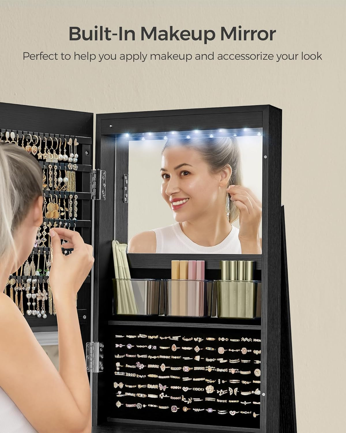 6 Leds Lockable Mirror Jewelry Cabinet, 360° Swivel Jewelry Organizer Armoire Standing, Frameless Full-Length Mirror, 3 Storage Shelves, Black Surface, Black Lining UJJC007B01