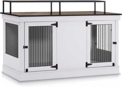 Large Dog Crate Furniture TV Stand, Wooden Pet Kennel with Double Doors, Indoor Furniture Style Dog House End Table, 1861 (Light Grey)
