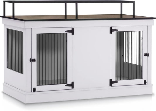 Large Dog Crate Furniture TV Stand, Wooden Pet Kennel with Double Doors, Indoor Furniture Style Dog House End Table, 1861 (Light Grey)