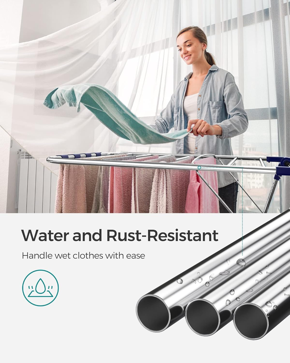 Clothes Drying Rack, with Sock Clips, Metal Laundry Rack, Foldable, Space-Saving, Free-Standing Airer, with 2 Height-Adjustable Gullwings, Indoor Outdoor Use, Silver and Blue ULLR52BU