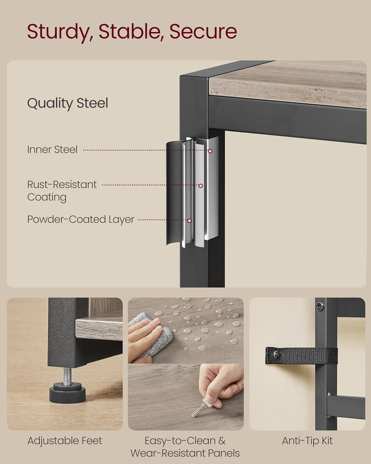 Hall Tree with Bench and Shoe Storage, Coat Rack with Shoe Bench, Entryway Furniture, Open Compartments, Industrial Style, Space Saving, Heather Greige and Ink Black UHSR432G01