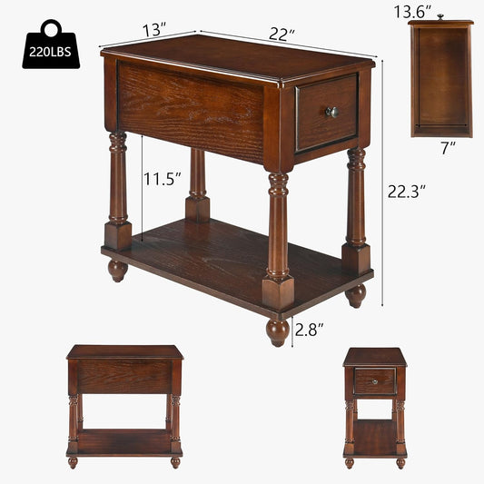 Narrow End Table with Drawer and Storage Shelf, Solid Wood Sofa Side Tables for Living Room, Slim beside Table-, Vintage Telephone Tabless for Small Spaces, No-Tools Assembly Vintage Walnut BBJ004DWA