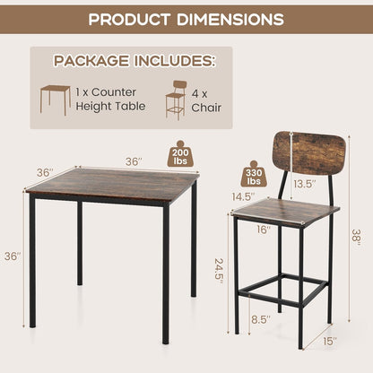 5-Piece Dining Table Set W/Counter Height Table & 4 Bar Stools, Industrial Kitchen Dining Set W/Footrest & Backrest, Space-Saving Dinette Set for Pub, Dining Room, Restaurant (Mix Brown)