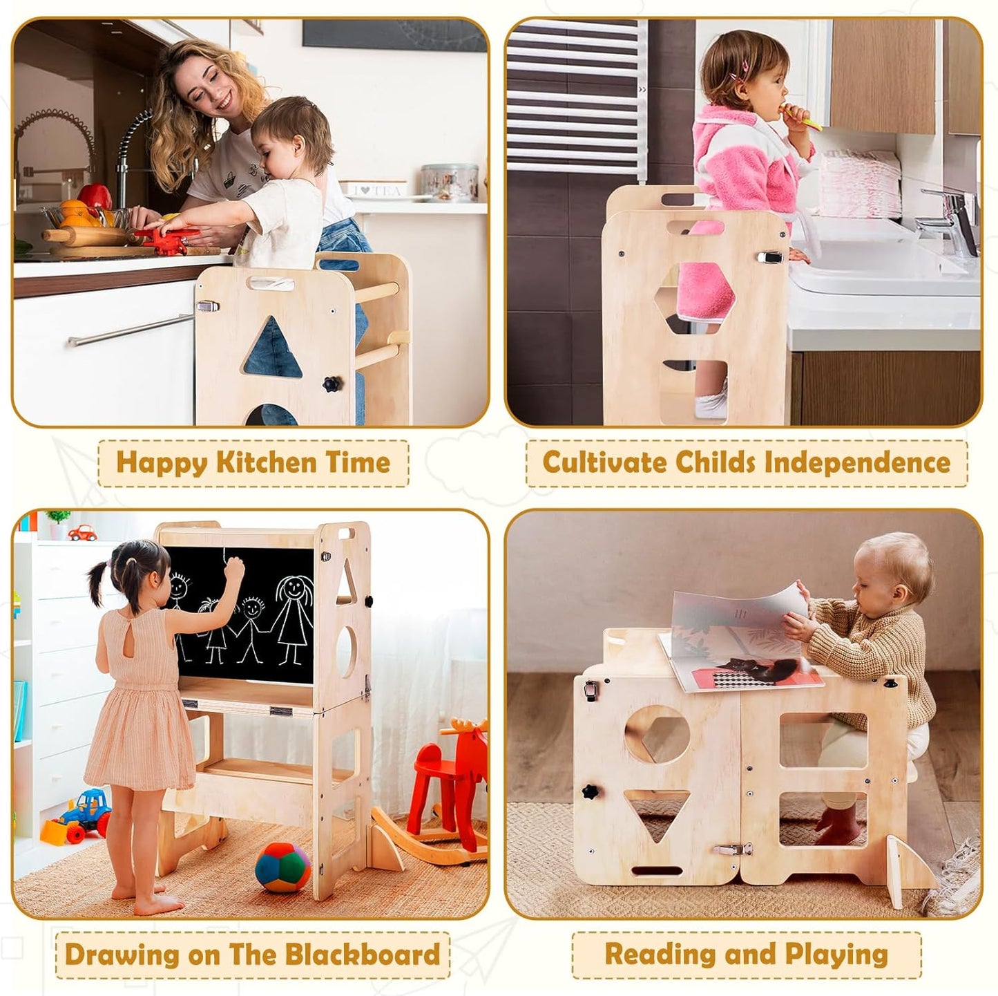 4-In-1 Toddler Kitchen Step Stool, Foldable Learning Standing Tower with Blackboard, Wooden Kitchen Stool Helper for Kids, 1-3 Year Old Boy Girl Gifts