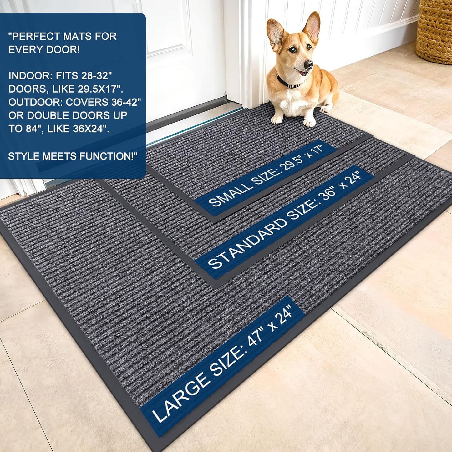 Front Door Mat Indoor Outdoor Entrance, 2-Pack 29.5 X 17 Inch, Waterproof Heavy Duty Doormat, Fade Resistant, Low Profile, Easy Clean Patio Porch Welcome Floor Mats for Entry, Grey