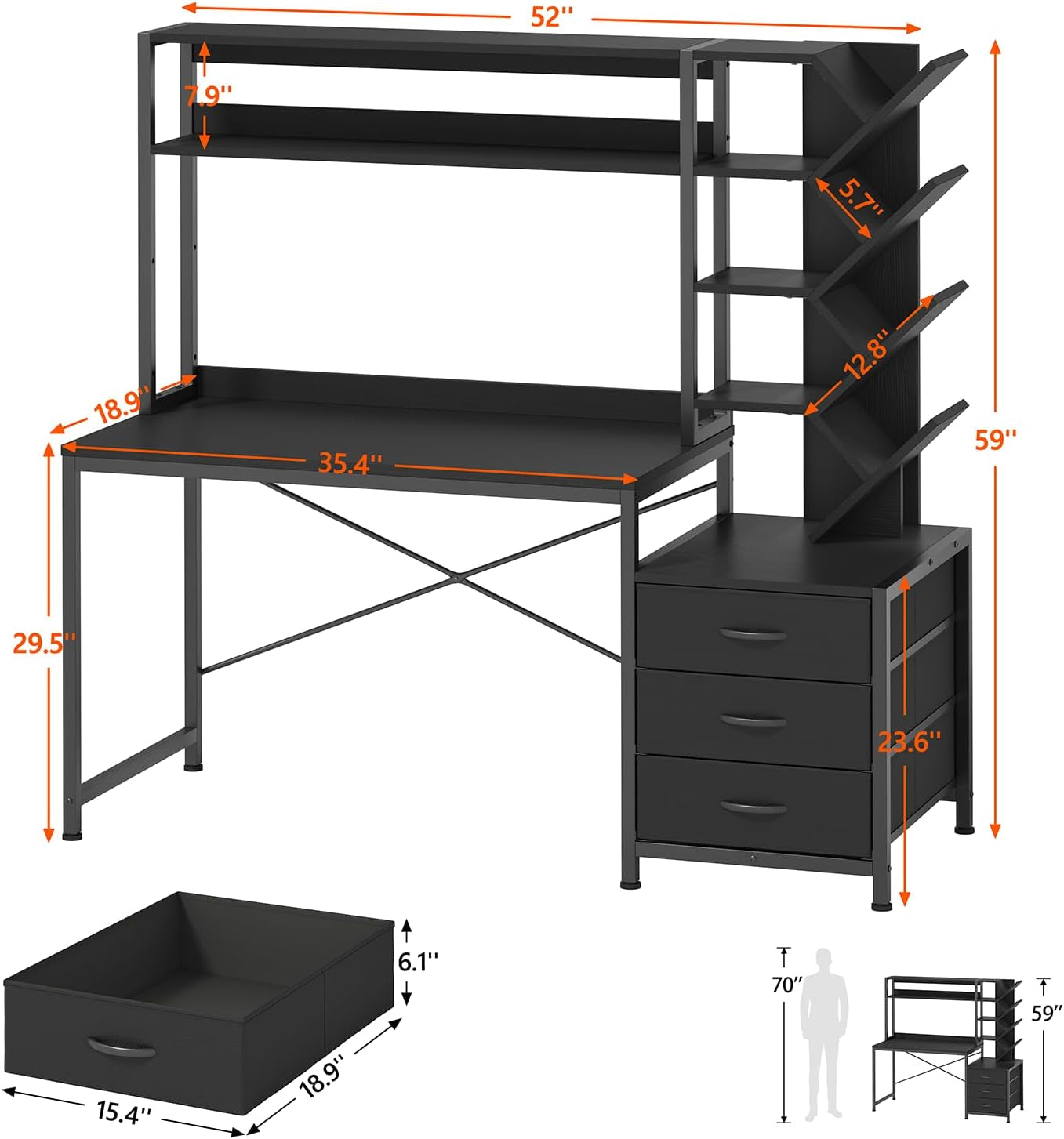 Reversible Computer Desk with Hutch, Home Office Desk with Drawers and Bookshelf, 52'' Study Writing Desk with Storage Shelves for Bedroom Home Office, Black