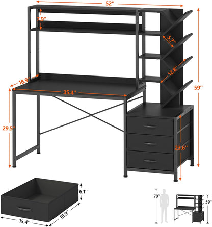 Reversible Computer Desk with Hutch, Home Office Desk with Drawers and Bookshelf, 52'' Study Writing Desk with Storage Shelves for Bedroom Home Office, Black