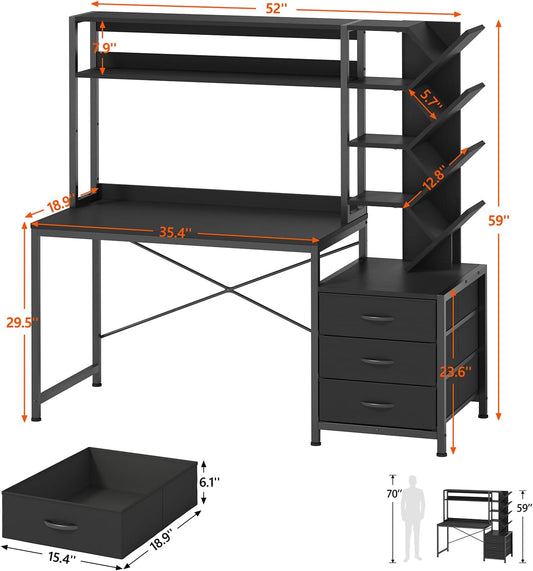 Reversible Computer Desk with Hutch, Home Office Desk with Drawers and Bookshelf, 52'' Study Writing Desk with Storage Shelves for Bedroom Home Office, Black