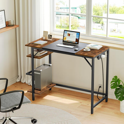 Computer Desk, Home Office Desk with Power Outlet, Writing Desk with 2 Shelves, Modern Small Desk for Home Office, Study, Easy to Assemble, Rustic Brown and Black BF43UDN01