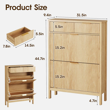 Fluted Shoe Storage Cabinet with 2 Flip Drawers & 2 Storage Drawers, Narrow Hidden Shoe Rack Organizer with Adjustable Shelf, Freestanding Slim Shoe Cabinet Storage for Entryway, Hallway, Foyer, Oak