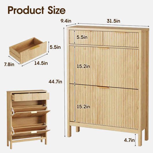 Fluted Shoe Storage Cabinet with 2 Flip Drawers & 2 Storage Drawers, Narrow Hidden Shoe Rack Organizer with Adjustable Shelf, Freestanding Slim Shoe Cabinet Storage for Entryway, Hallway, Foyer, Oak