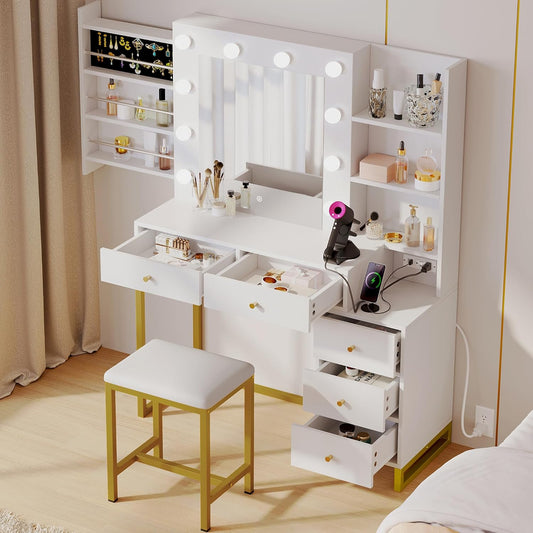 Makeup Vanity Desk with Mirror, LED Light and Power Outlet, Vanity Set with Hidden Jewelry Storage, 5 Drawers and Lots Shelves, Adjustable 3 Lighting Colors, Dressing Table with Stool, White