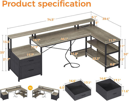 75" L Shaped Desk with File Drawers, Work from Home Office Desk with Power Outlet, Reversible Computer Desk with Storage Shelves, Gaming Desk with Monitor Shelf, Corner WFM Table, Grey Oak