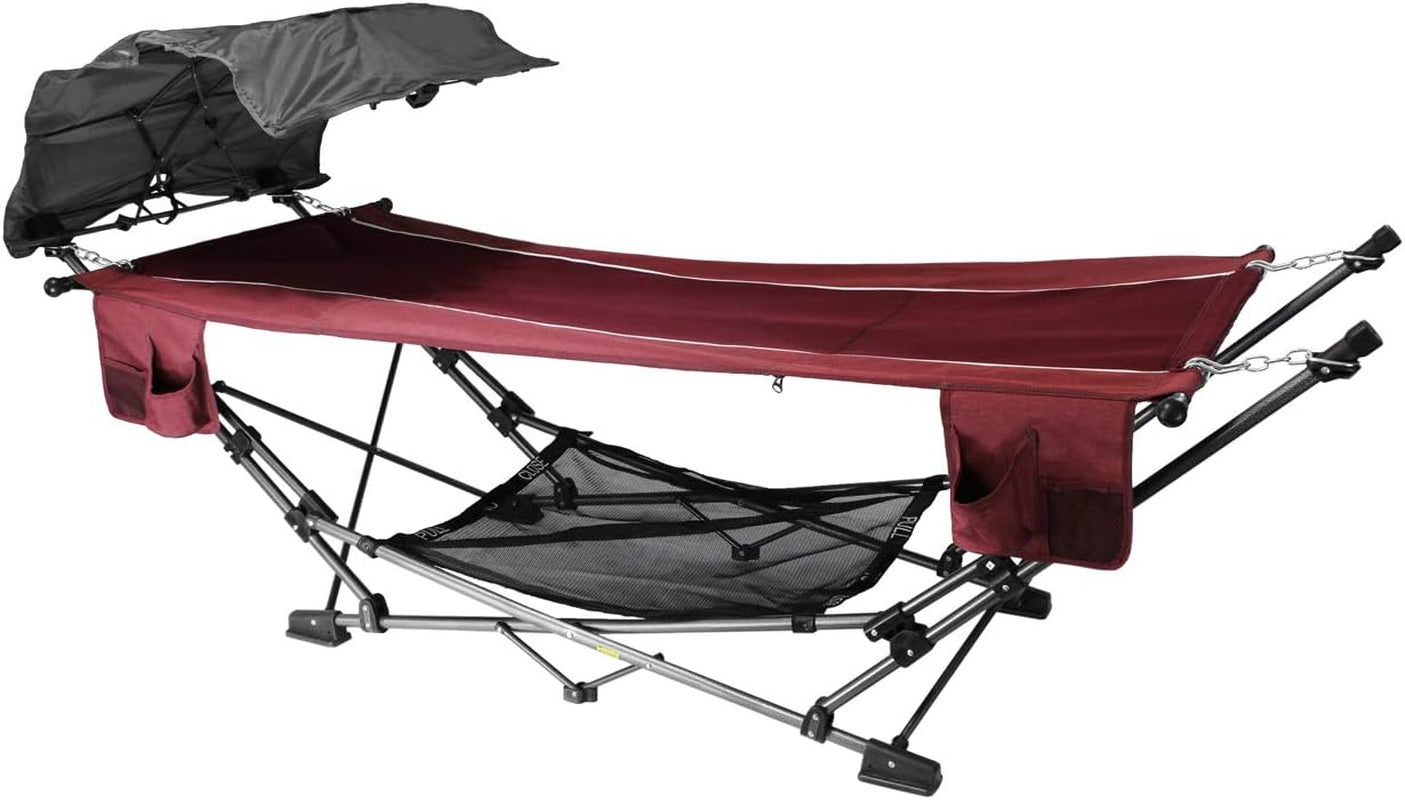 Limited Portable Folding Metal Framed Hammock with a Retractable Canopy, Perfect for Camping, Patio, Outdoor, and Relaxing, Side Pockets Included, Red (Pack of 1)