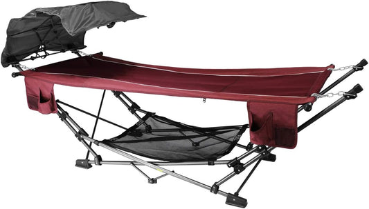 Limited Portable Folding Metal Framed Hammock with a Retractable Canopy, Perfect for Camping, Patio, Outdoor, and Relaxing, Side Pockets Included, Red (Pack of 1)