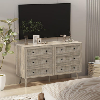 Dresser for Bedroom with 6 Drawer, Rattan Chest of Dressers, Wide Wood Double Dresser, Wooden TV Stand Closet Storage Furniture, Boho Small Clothes Organizer for Hallway, Living Room, Entryway, Grey