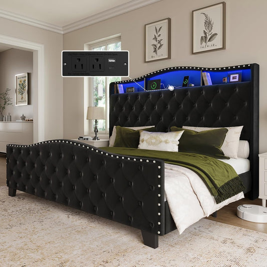King Size Bed Frame and Headboard, 50.9" Velvet Upholstered Wingback Bedframe with LED Lights & Storage/Charging Station, Button Tufted Tall Footboard, No Box Spring Needed, Noise-Free, Black