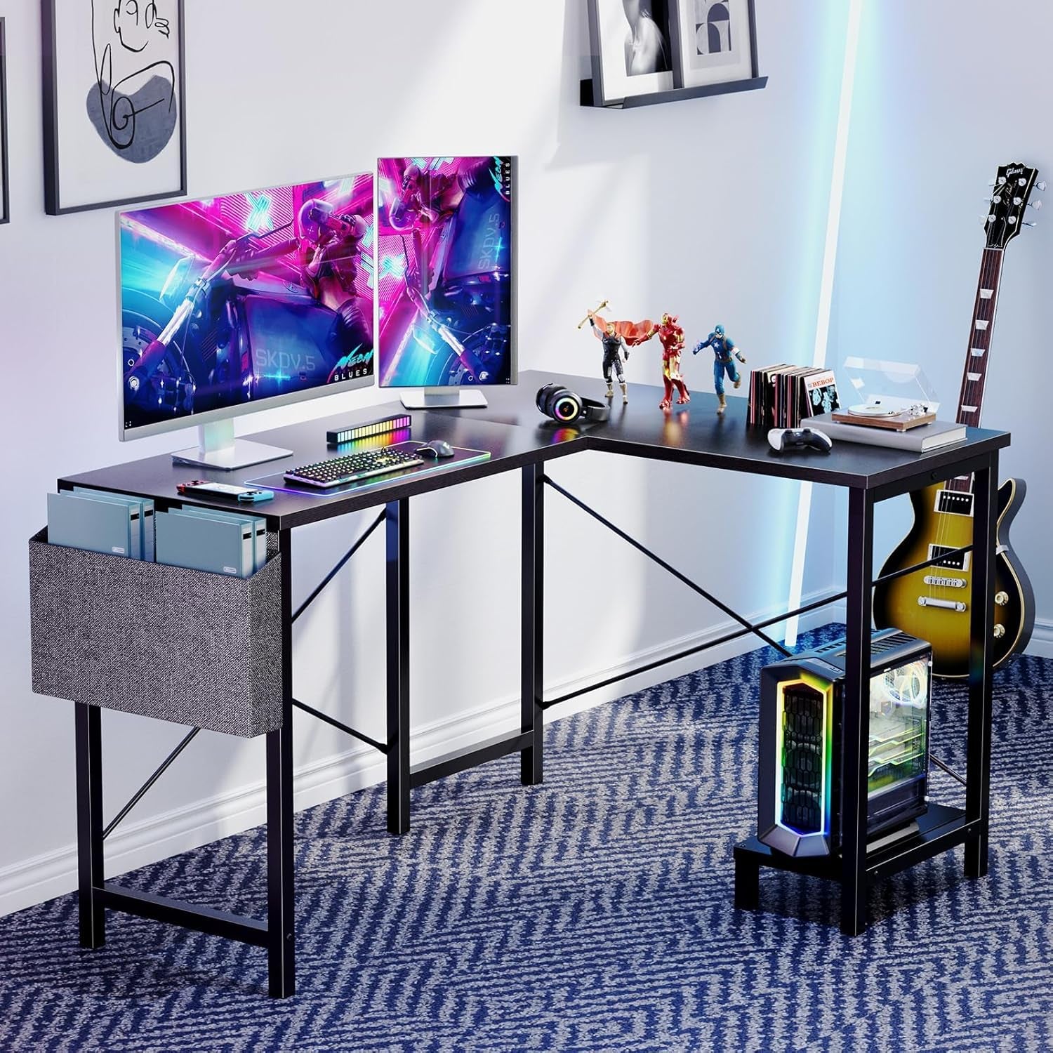 L Shaped Desk - Computer Desk Corner Desks Gaming Desk PC Table with CPU Stand Side Bag for Home Office Dorm Sturdy Writing Workstation, Black, 50-Inch