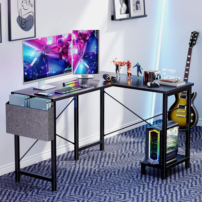 L Shaped Desk - Computer Desk Corner Desks Gaming Desk PC Table with CPU Stand Side Bag for Home Office Dorm Sturdy Writing Workstation, Black, 50-Inch
