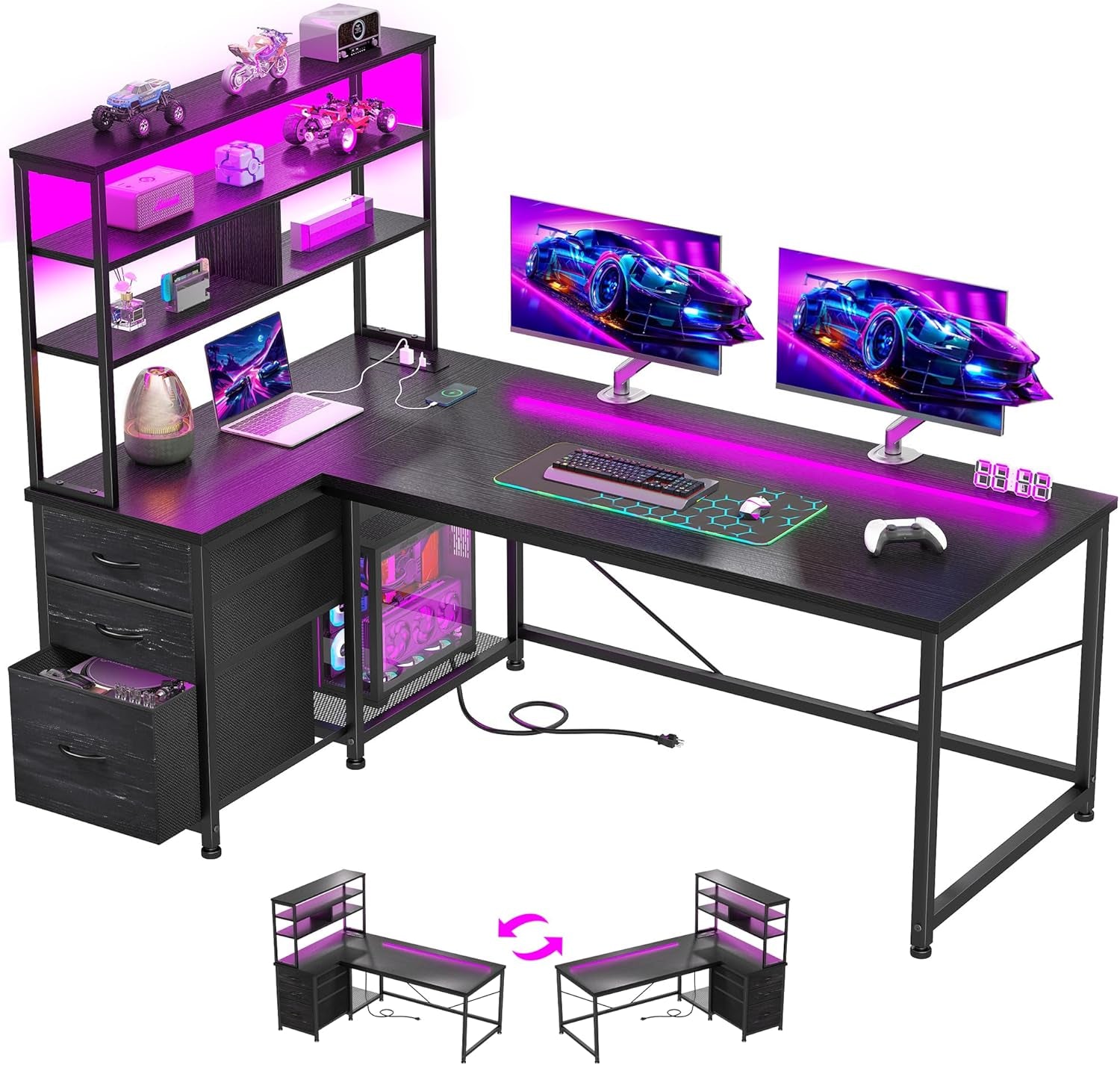 55''Gaming Desk L Shaped Desk with 3 Fabric Drawers & Shelf, Reversible Computer Desk with Remote LED Lights, Power Outlet of Home Office Desk for Bedroom,Dorm,Black