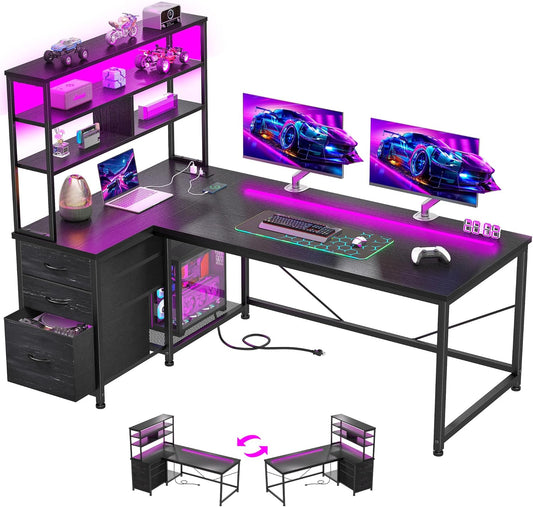 55''Gaming Desk L Shaped Desk with 3 Fabric Drawers & Shelf, Reversible Computer Desk with Remote LED Lights, Power Outlet of Home Office Desk for Bedroom,Dorm,Black
