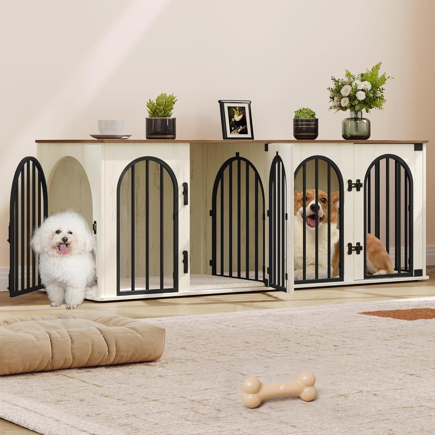 71" Dog Crate Furniture for 2 Dogs, Heavy Duty Indoor Dog Kennel TV Stand, XL Wooden Dog Cage with Divider for Medium Large Dogs, End Table Dog Crate with Cushion, Greige Black DFC81905B