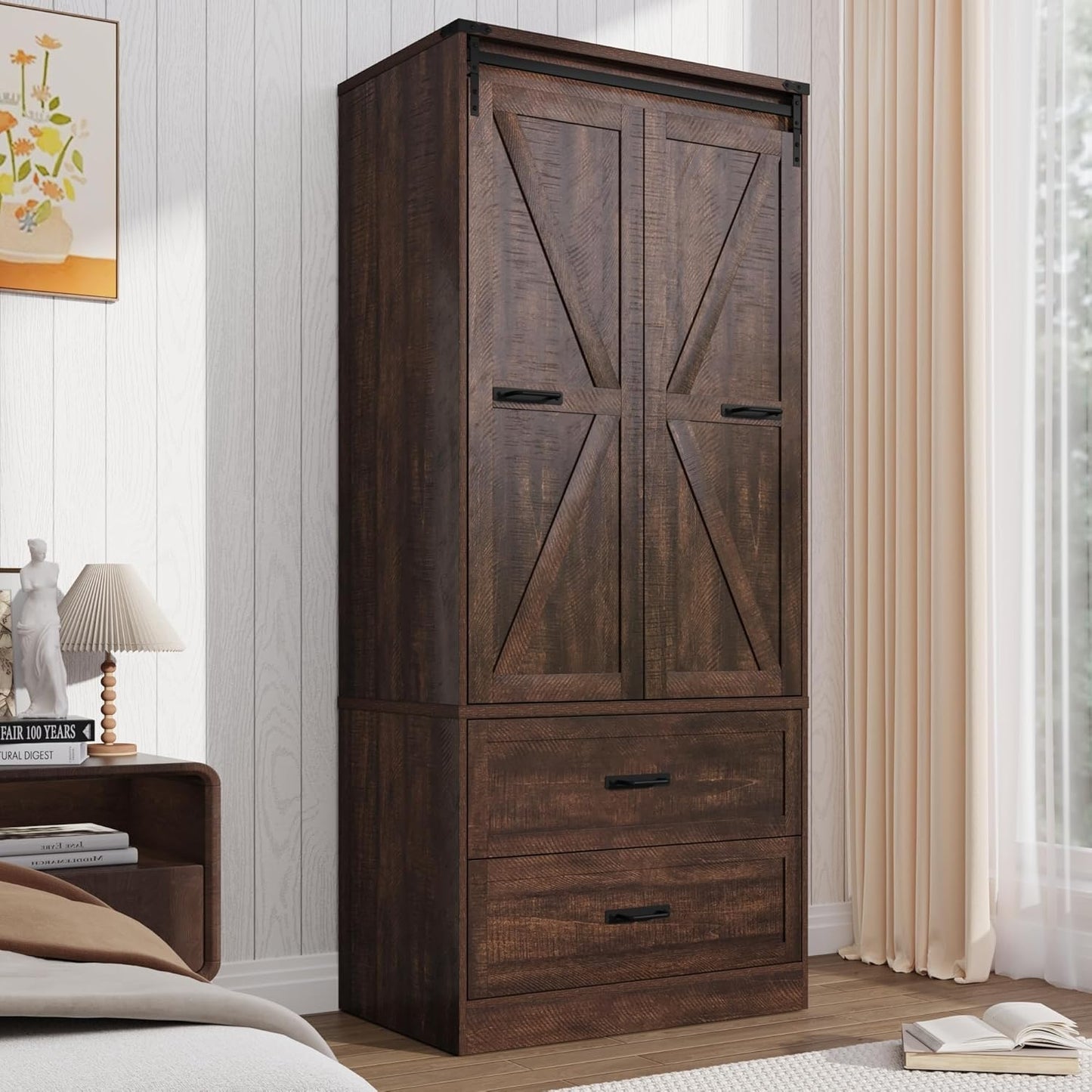 Farmhouse 2 Doors Armoire Wardrobe Closet W/Folding Sliding Barn Door and Lights, LED Armoire Closet W/Drawers for Bedroom, Freestanding Wooden Wardrobe Storage Closet W/Hanging Rod,Rustic Brown