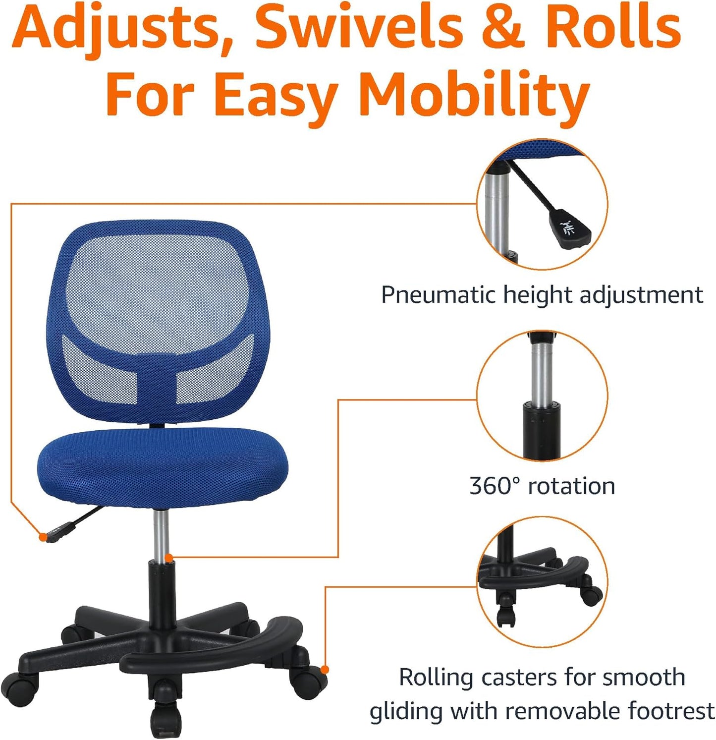 Kids Adjustable Mesh Low-Back Swivel Study Desk Chair with Footrest, Blue