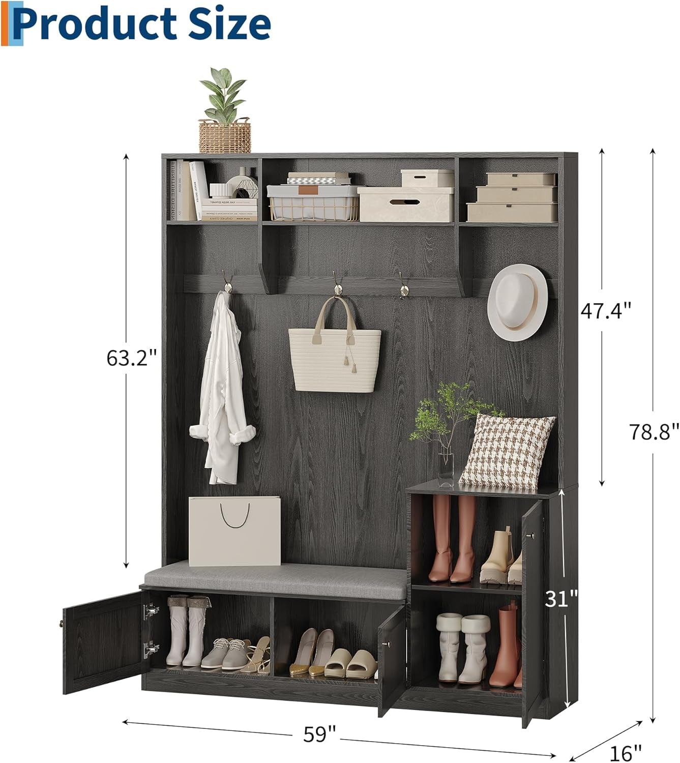 79 in Hall Tree, 5-In-1 Modern Entryway Bench with Coat Rack & Storage, Hall Tree with 4 Hanging Hooks, 3 Open Compartments & Adjustable Shelf, Coat Rack Freestanding for Entryway, Living Room, Black