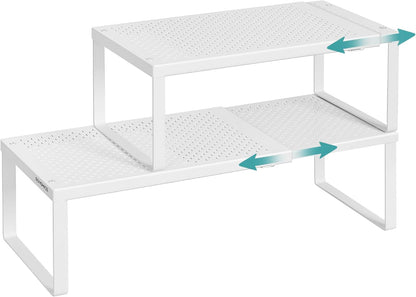 Spice Racks, Set of 2 Expandable Kitchen Countertop Shelves, Small Cupboard Organizers, Metal, Space-Saving Tabletop Shelves, Matte White UKCS402W01