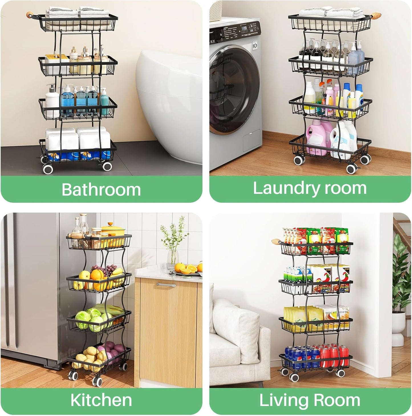 Fruit Basket Kitchen Pantry Organizers and Storage - 4 Tier Stackable Metal Wire Basket Stand for Fruit Vegetable Snacks Jars Bins Containers Organization, Black