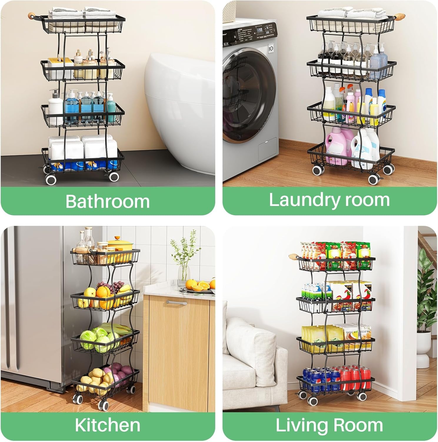 Fruit Basket Kitchen Pantry Organizers and Storage - 4 Tier Stackable Metal Wire Basket Stand for Fruit Vegetable Snacks Jars Bins Containers Organization, Black