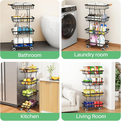 Fruit Basket Kitchen Pantry Organizers and Storage - 4 Tier Stackable Metal Wire Basket Stand for Fruit Vegetable Snacks Jars Bins Containers Organization, Black
