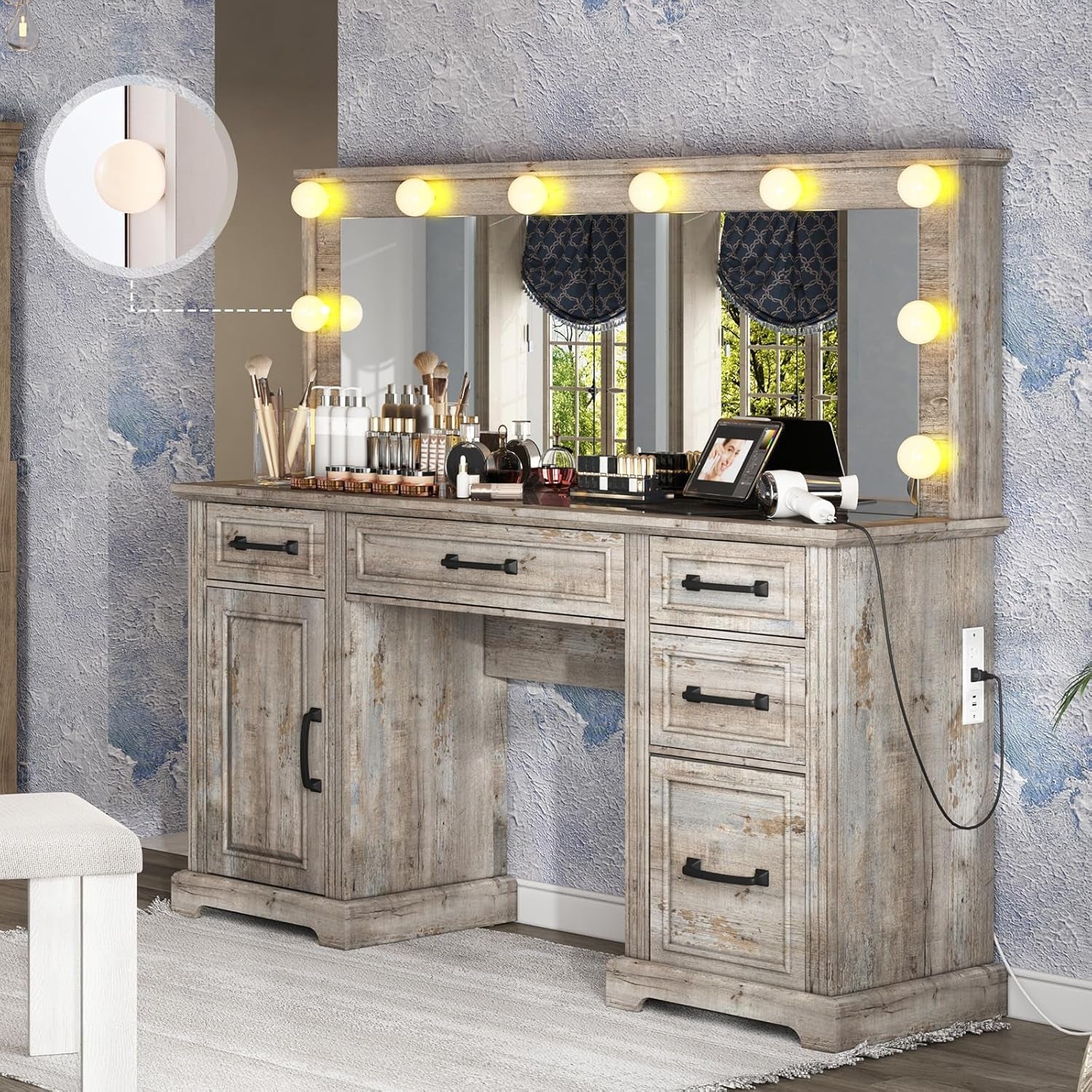 55" W Makeup Vanity with Hollywood Mirror, Glass Top Vanity with 5 Drawers & Charging Station, 10 Detachable Light Bulbs, Adjustable Brightness, Light Oak