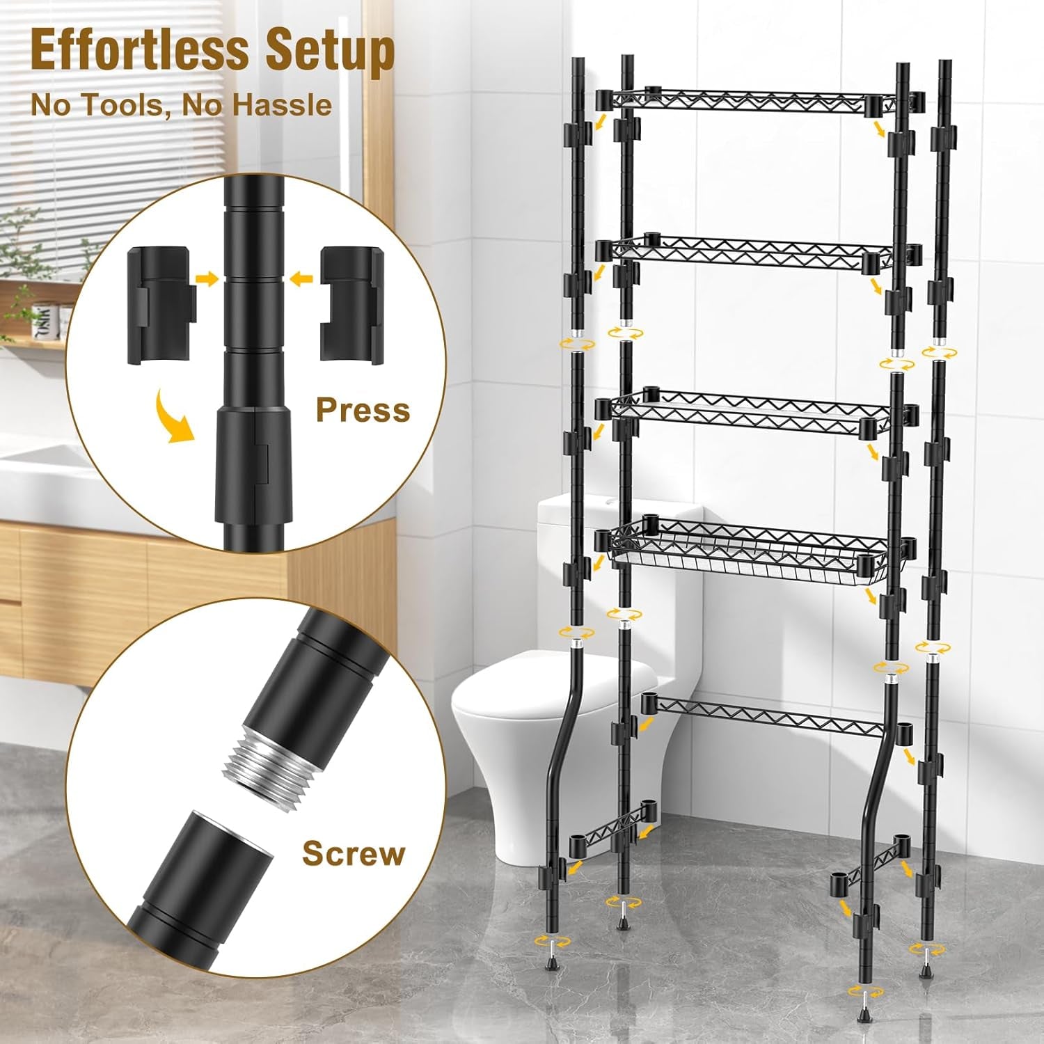 4 Tier over the Toilet Storage Rack, Bathroom Organizers and Storage over Toilet with Adjustable Shelf and Basket, above Toilet Storage Bathroom Cabinet for Small Space (Black)