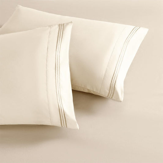 2 Pack King Size 20"X 36" Pillow Cases Cream-Colored Pillow Covers King Microfiber Pillowcases Soft Breathable Luxury Pillow Covers Embroidered Envelope Closure Bed Pillow Shams