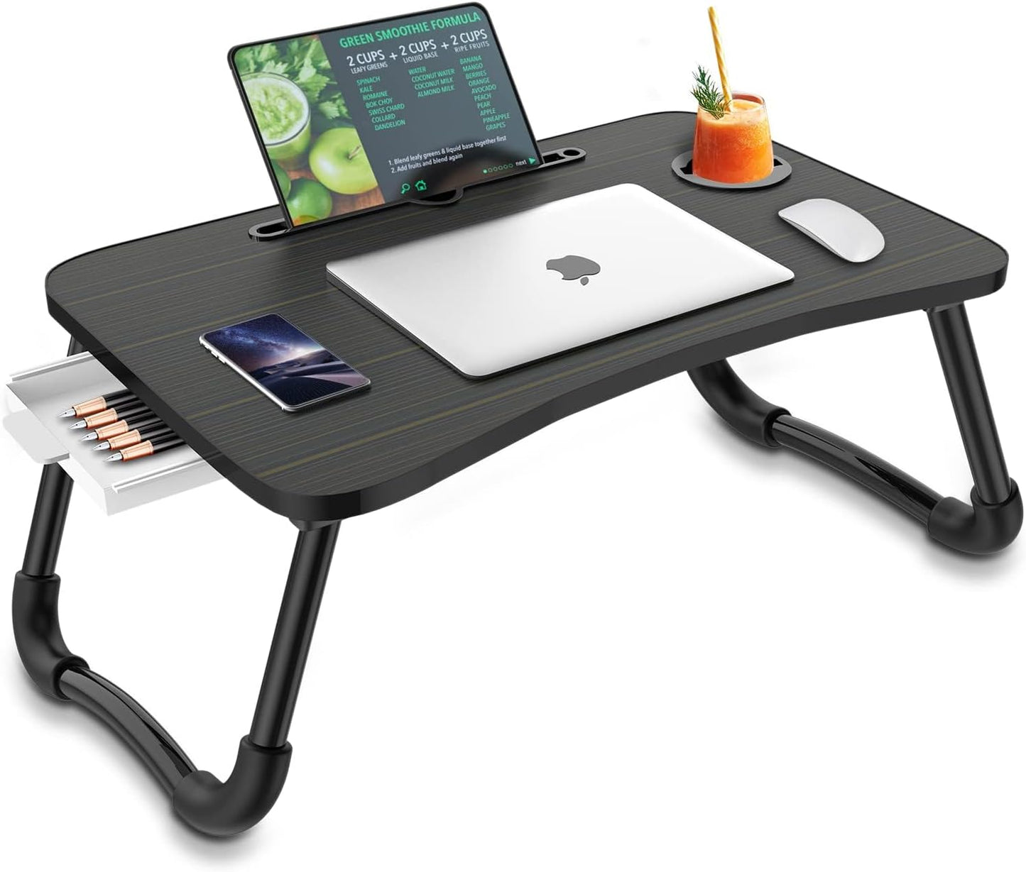 Foldable Laptop Bed Table Multi-Function Lap Serving Tray Dining Table with Storage Drawer and Water Bottle Holder, Slot for Eating, Working on Couch/Sofa (Arc Shape)