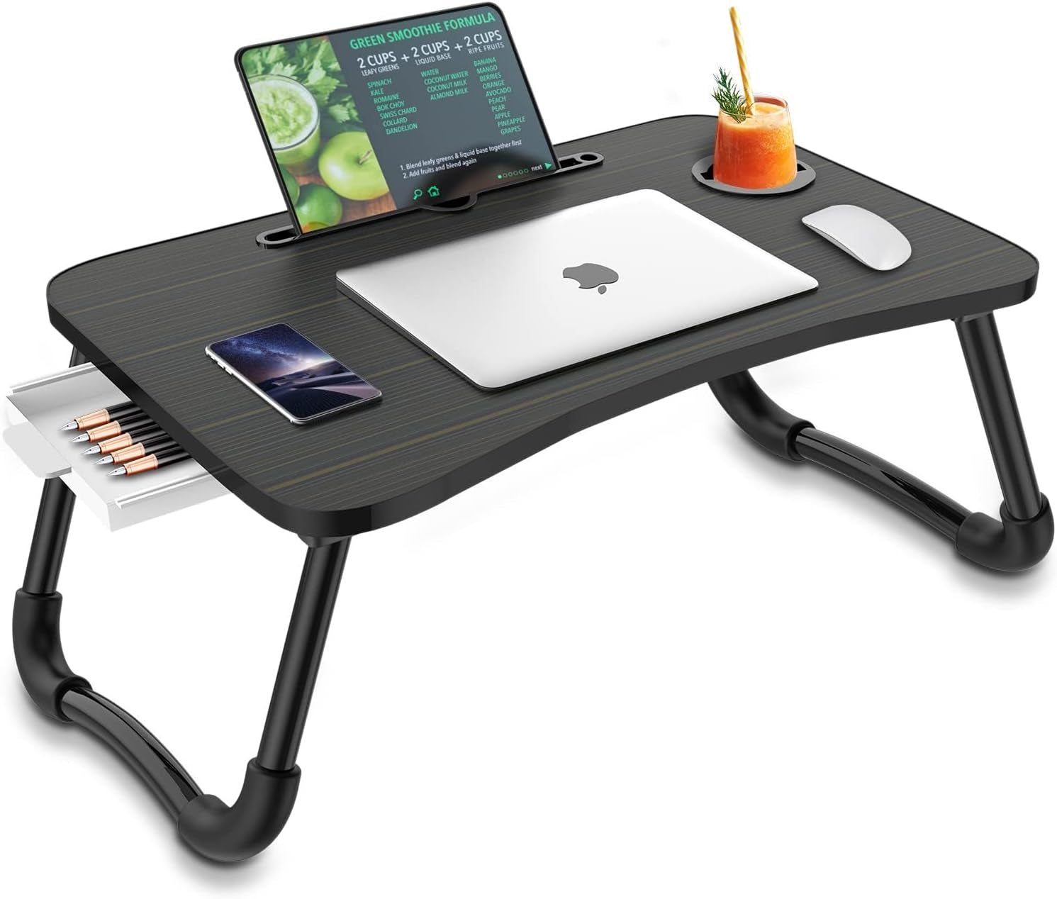 Foldable Laptop Bed Table Multi-Function Lap Serving Tray Dining Table with Storage Drawer and Water Bottle Holder, Slot for Eating, Working on Couch/Sofa (Arc Shape)