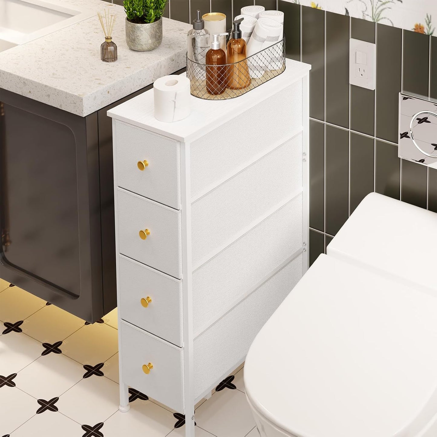 Narrow Storage Cabinet, Narrow Nightstand Dresser with 4 Drawers, Slim Fabric Dresser Storage Tower for Small Spaces, White Dresser, for Bedroom, Bathroom, Laundry, Closet